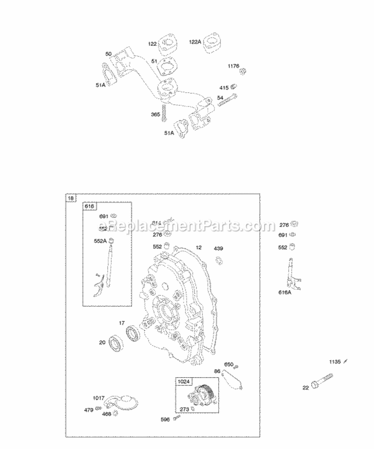 Crankcase CoverSump Intake Manifold Diagram and Parts List for  Briggs and Stratton Engine